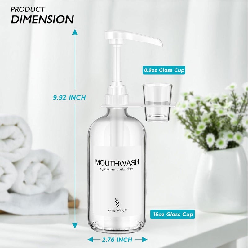 onsogi Glass Mouthwash Dispenser with Cup Holder and Pump, 16 Oz Rustic Boho Mouthwash Dispenser for Bathroom Farmhouse Decor - 1 Pack Clear - Image 2
